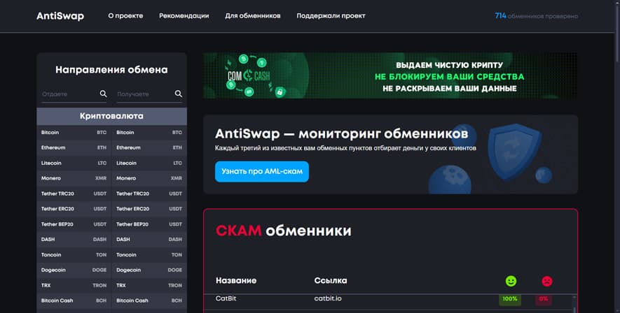 Antiswap.info - мониторинг обменников криптовалюты